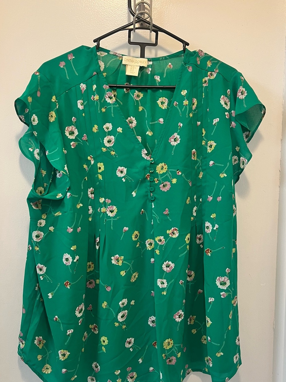 Cynthia Rowley Emerald Green Floral V-Neck Blouse
